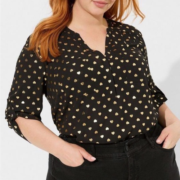 Torrid Gold Heart Print Harper Blouse Size 3 Plus Size Black - Picture 2 of 10